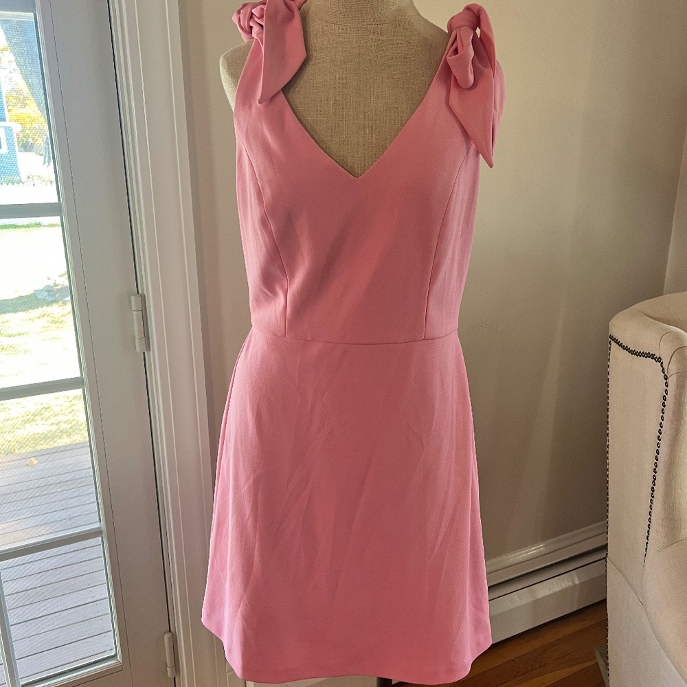 Worn only once! BCBG size 8 pink mini dress with adjustable bow straps.